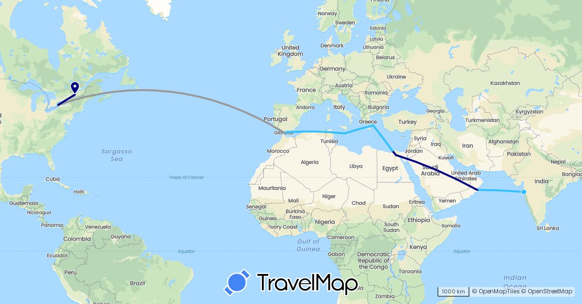 TravelMap itinerary: driving, plane, boat in Canada, Egypt, Gibraltar, Greece, India, Malta, Oman, United States (Africa, Asia, Europe, North America)